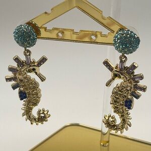 BaubleBar Gold and Blue Dangle Earrings with Seahorse Design